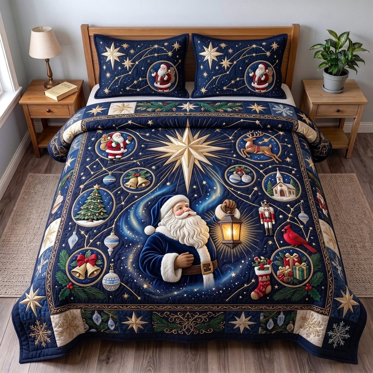 Celestial Santa quilted 3-piece bedding set on a made bed in a winter-styled bedroom