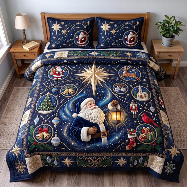 Celestial Santa quilted 3-piece bedding set on a made bed in a winter-styled bedroom