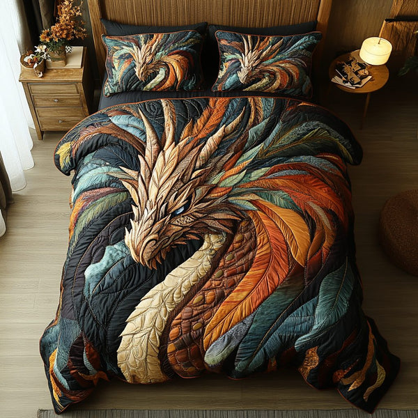 Celestial Serpent quilted 3-piece bedding set on a made bed with two matching pillow shams