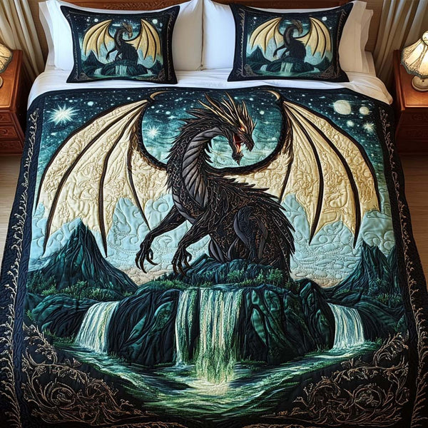 Celestial Shadow quilted 3-piece bedding set on a made bed with two matching pillow shams