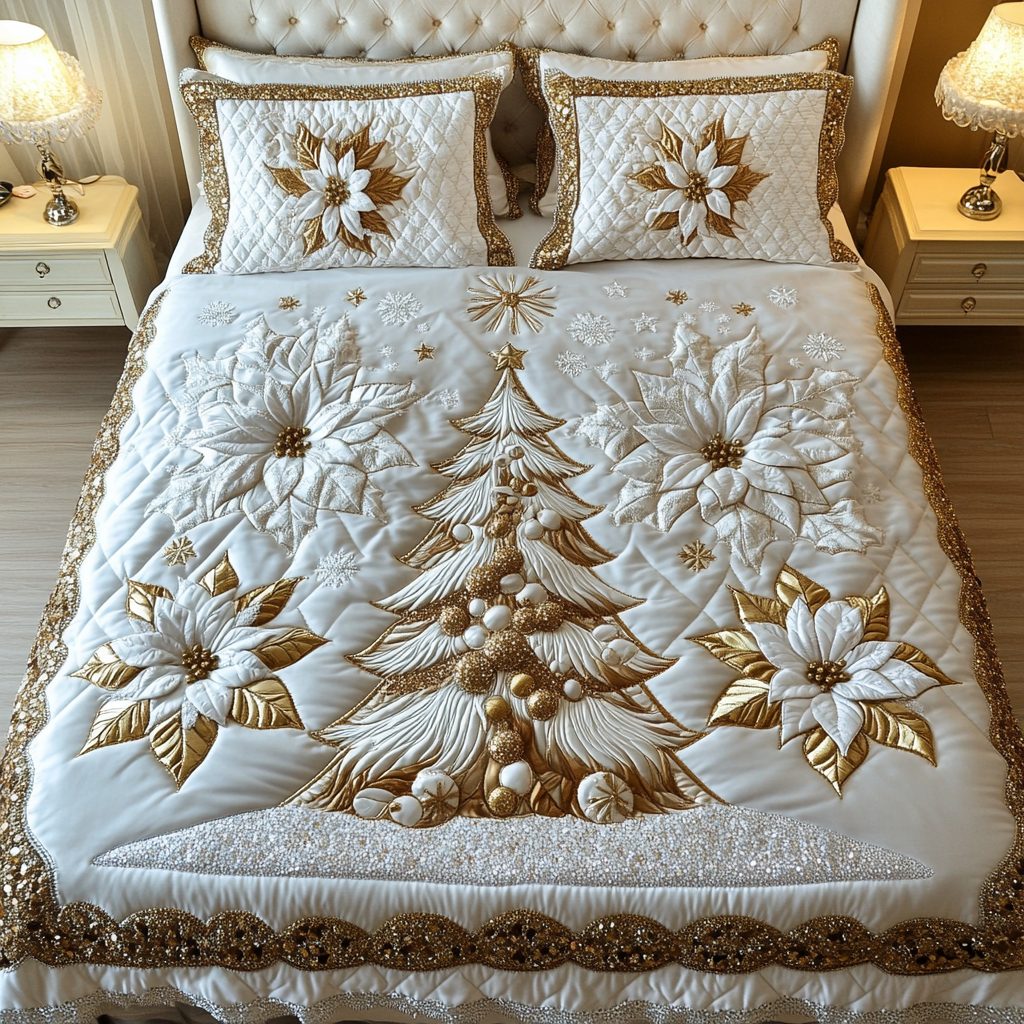 Celestial Snowfall quilted 3-piece bedding set on a made bed with two matching pillow shams