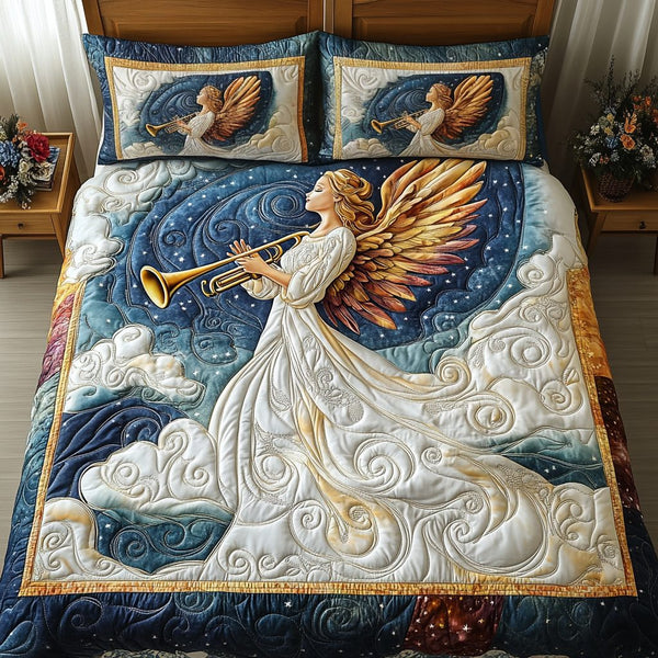 Celestial Song quilted 3-piece bedding set on a made bed with two matching pillow shams