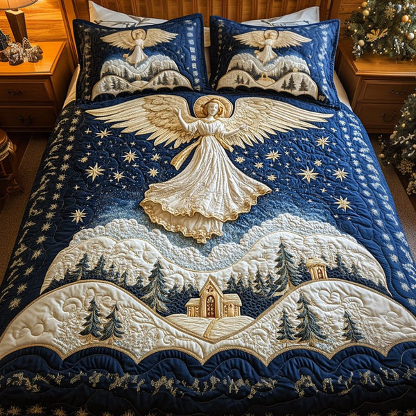 Celestial Song quilted 3-piece bedding set on a made bed with two matching pillow shams