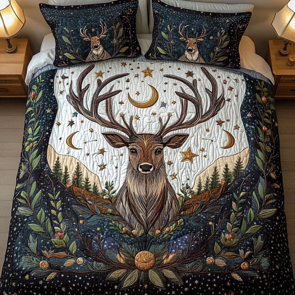 Celestial Stag quilted 3-piece bedding set on a made bed with two matching pillow shams