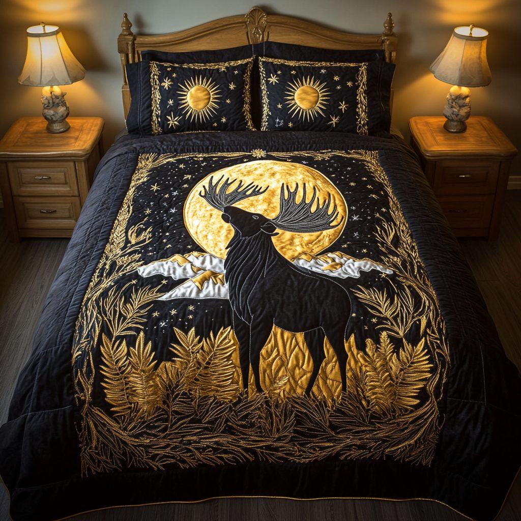 Celestial Stag quilted 3-piece bedding set on a made bed with two matching pillow shams