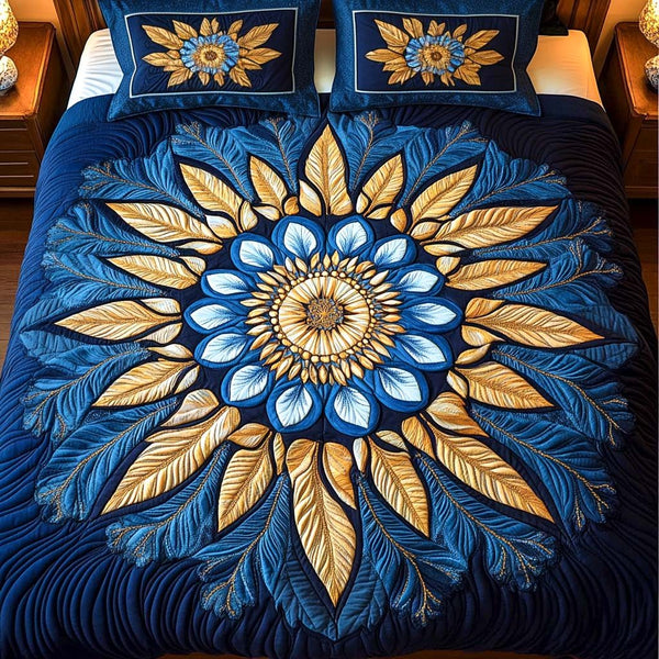 Celestial Sunburst quilted 3-piece bedding set on a made bed with two matching pillow shams