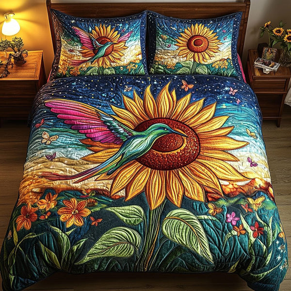 Celestial Sunflower Flight quilted 3-piece bedding set on a made bed with two matching pillow shams