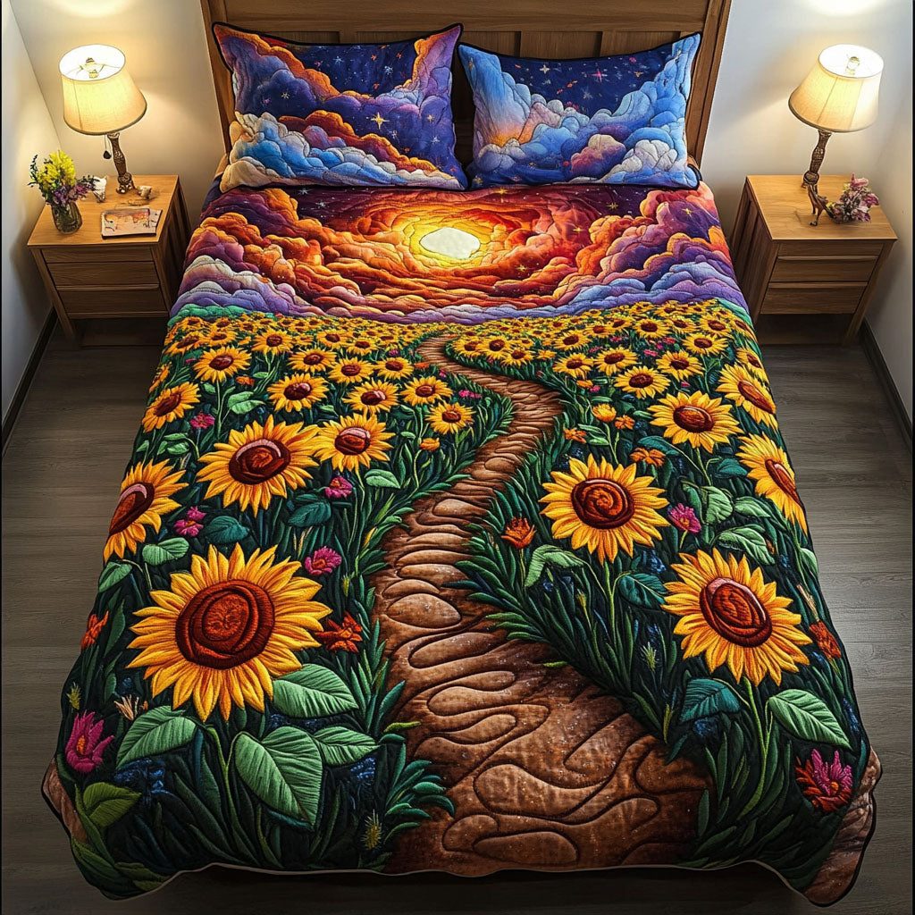 Celestial Sunflower Trail quilted 3-piece bedding set on a made bed with two matching pillow shams