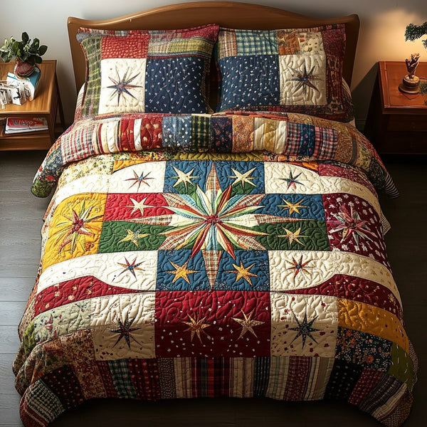 Celestial Threads quilted 3-piece bedding set on a made bed with two matching pillow shams