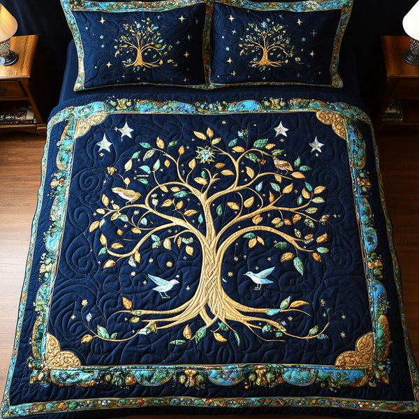 Celestial Tree Dreams quilted 3-piece bedding set on a made bed with two matching pillow shams