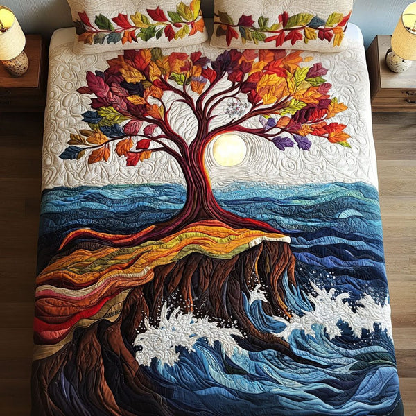 Celestial Tree quilted 3-piece bedding set on a made bed with two matching pillow shams