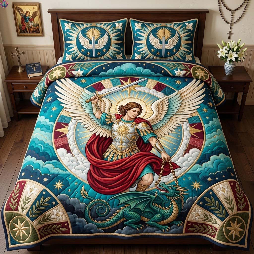 Celestial Triumph Mandala quilted 3-piece bedding set on a made bed with two matching pillow shams