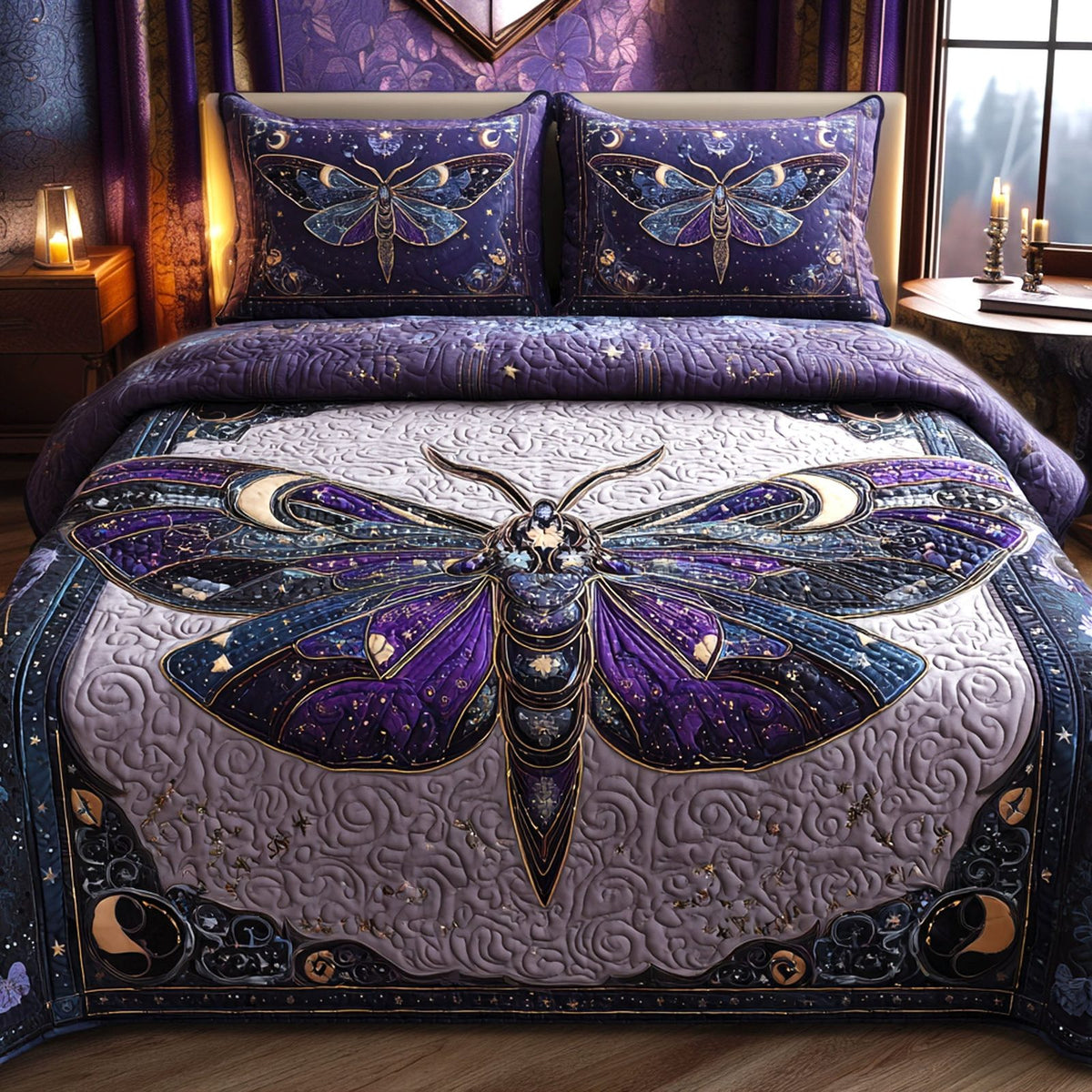 Celestial Twilight Moth quilted 3-piece bedding set on a made bed with two matching pillow shams