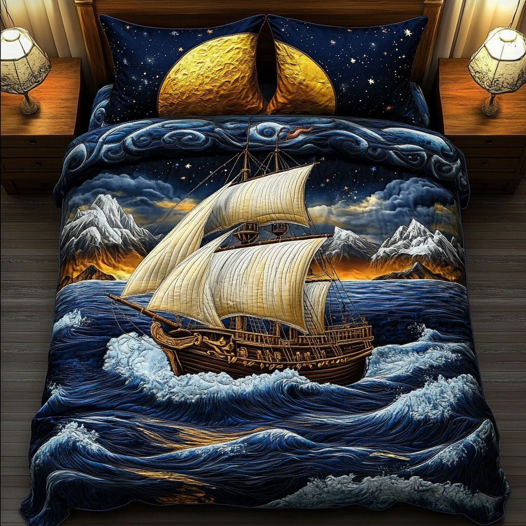 Celestial Voyage quilted 3-piece bedding set on a made bed with two matching pillow shams