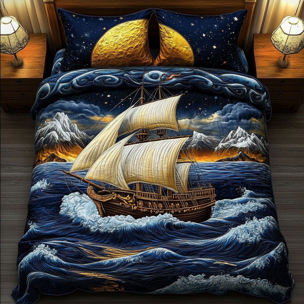 Celestial Voyage quilted 3-piece bedding set on a made bed with two matching pillow shams