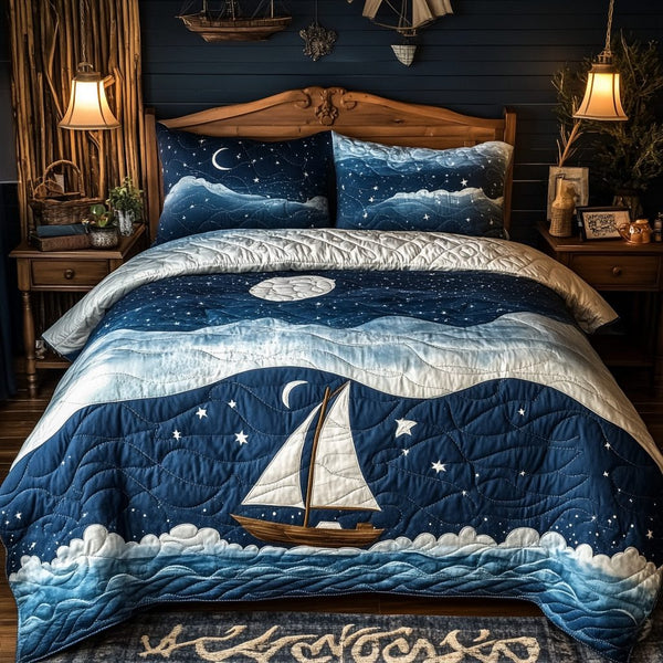 Celestial Voyage quilted 3-piece bedding set on a made bed with two matching pillow shams