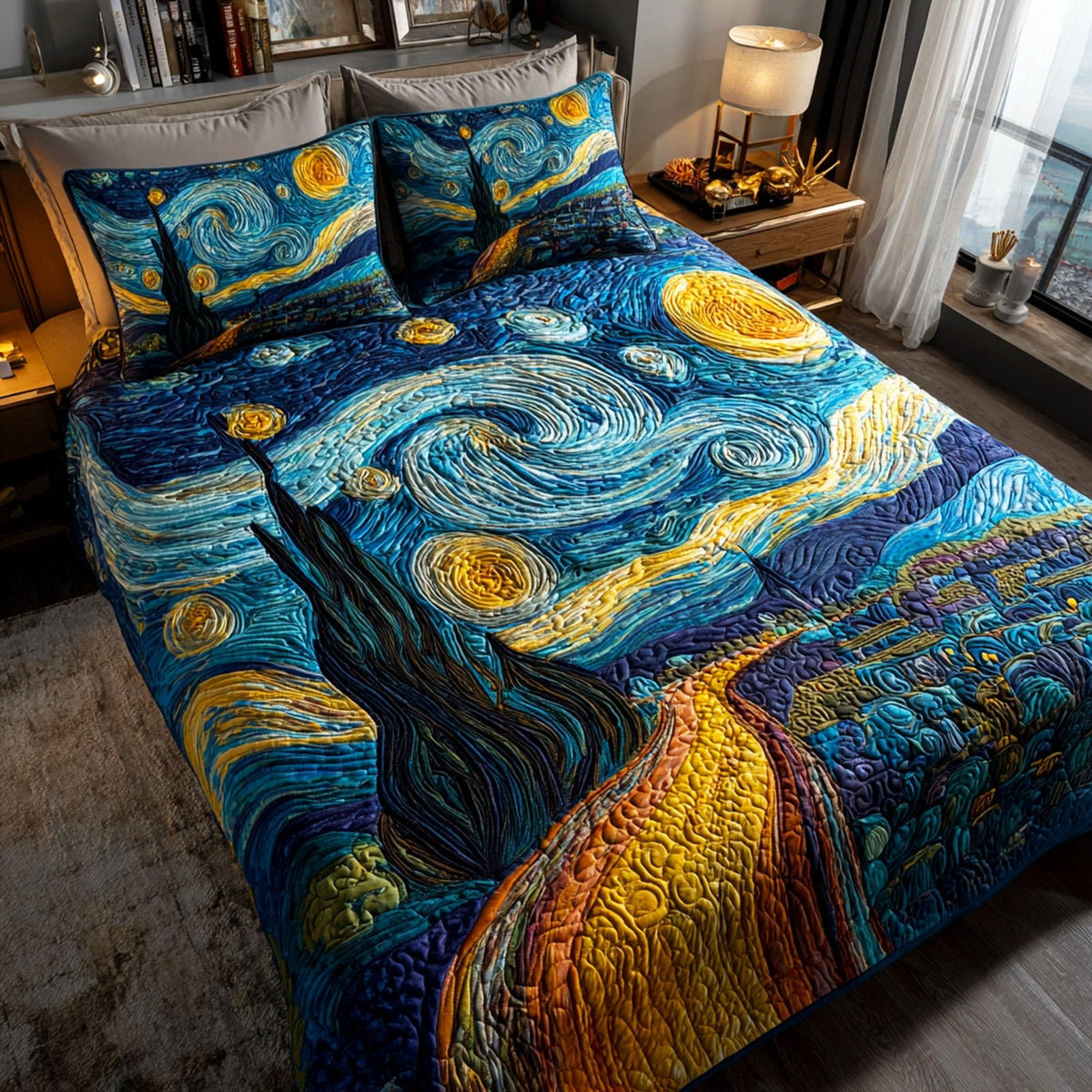 Celestial Waves quilted 3-piece bedding set on a made bed in a light coastal bedroom
