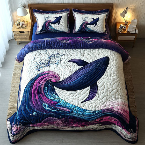 Celestial Whale quilted 3-piece bedding set on a made bed in a light coastal bedroom