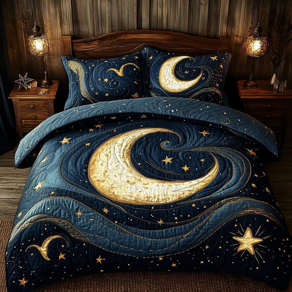 Celestial Whispers quilted 3-piece bedding set on a made bed with two matching pillow shams