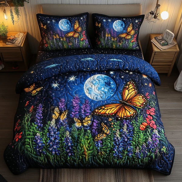 Celestial Wings quilted 3-piece bedding set on a made bed with two matching pillow shams
