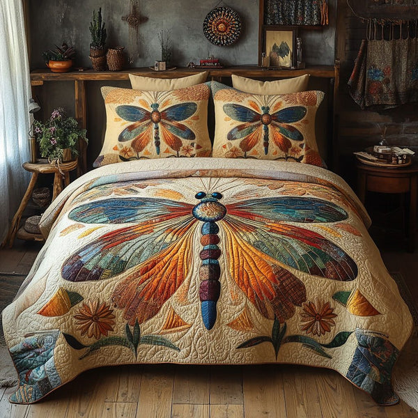 Celestial Wings quilted 3-piece bedding set on a made bed with two matching pillow shams