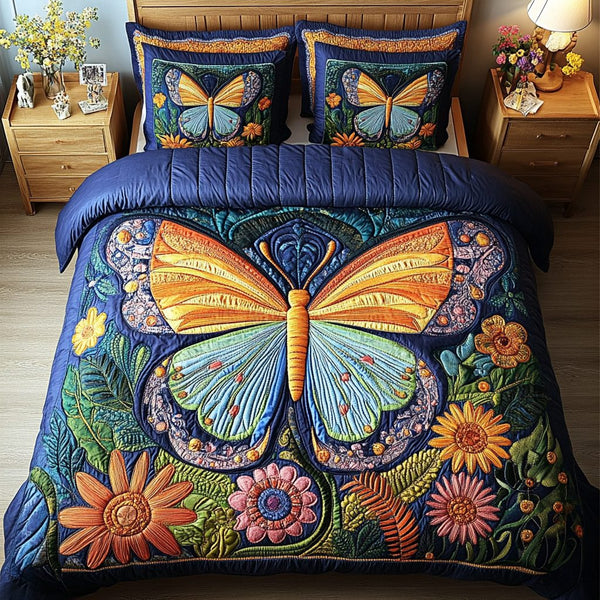 Celestial Wings quilted 3-piece bedding set on a made bed with two matching pillow shams
