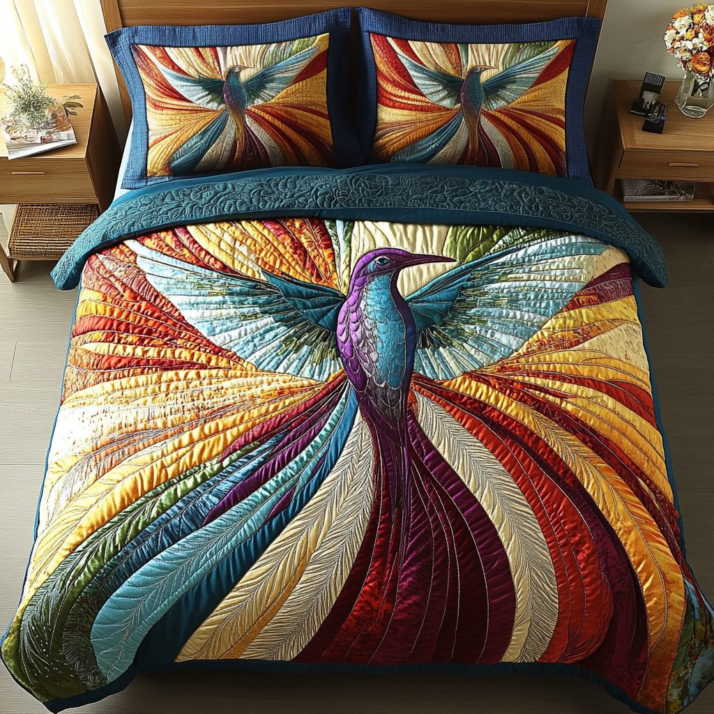 Celestial Wings quilted 3-piece bedding set on a made bed with two matching pillow shams