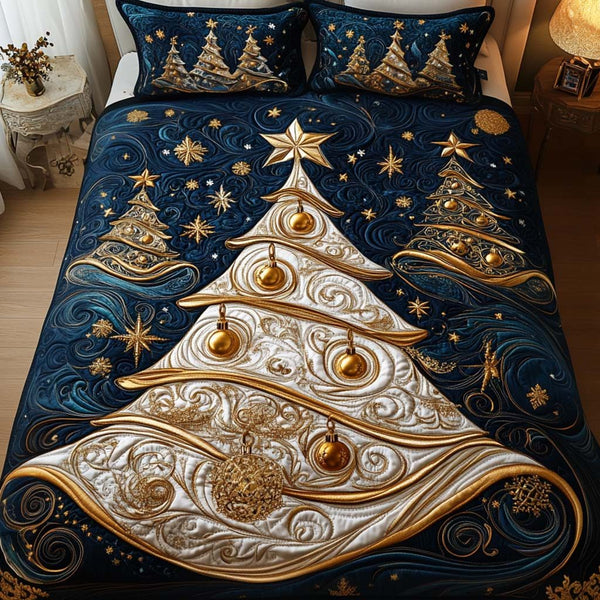 Celestial Winter Glow quilted 3-piece bedding set on a made bed in a winter-styled bedroom