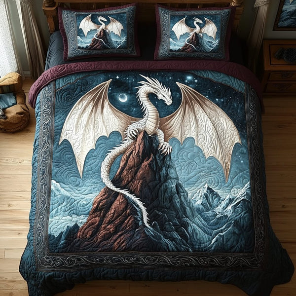 Celestial Wyrm quilted 3-piece bedding set on a made bed with two matching pillow shams