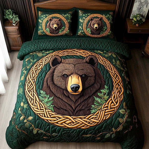 Celtic Bear quilted 3-piece bedding set on a made bed with two matching pillow shams