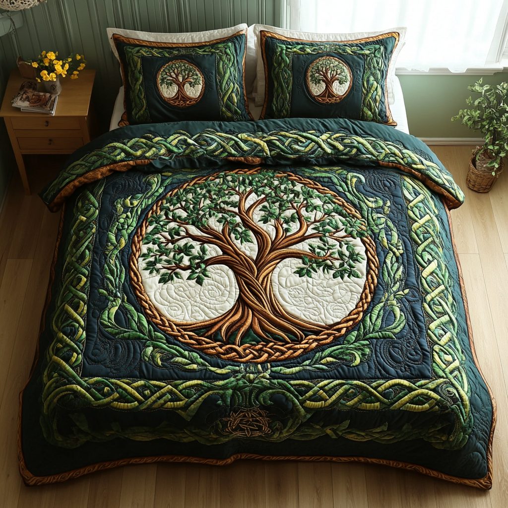 Celtic Canopy quilted 3-piece bedding set on a made bed with two matching pillow shams