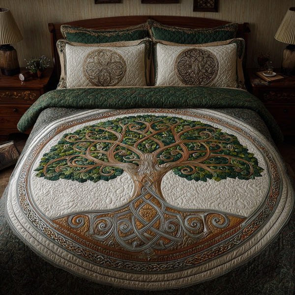 Celtic Circle quilted 3-piece bedding set on a made bed with two matching pillow shams