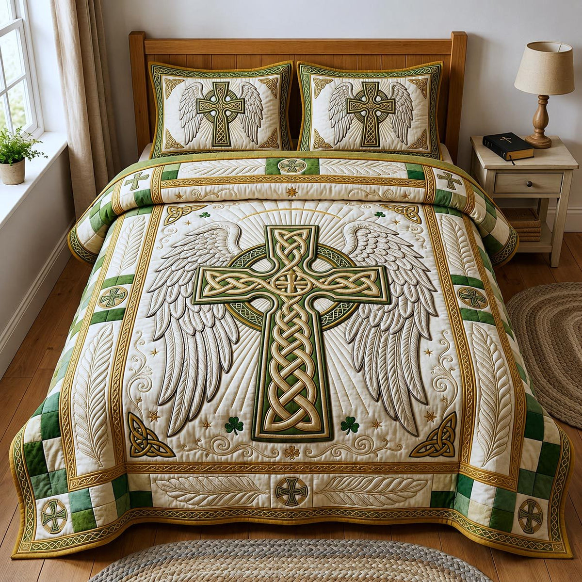 Celtic Cross quilted 3-piece bedding set on a made bed in a softly lit bedroom