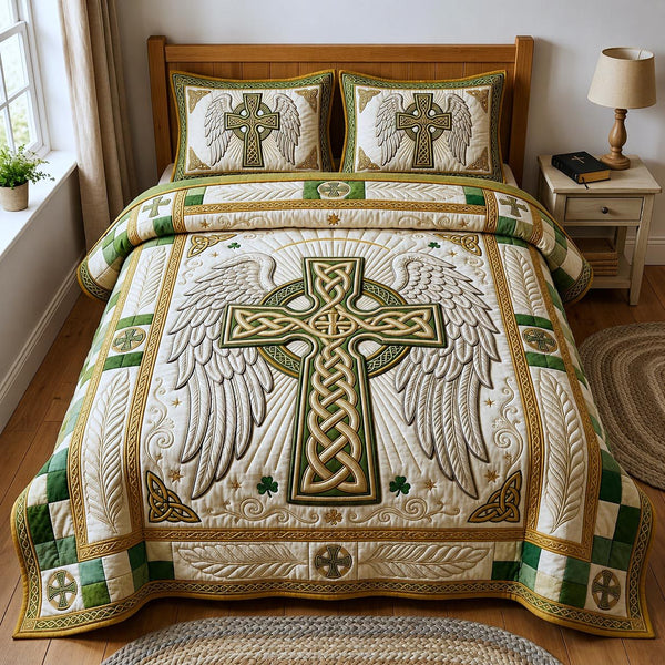 Celtic Cross quilted 3-piece bedding set on a made bed in a softly lit bedroom