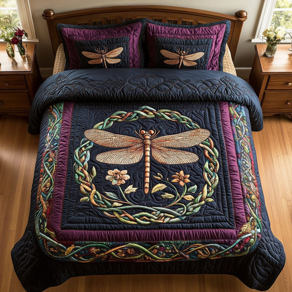 Celtic Dragonfly quilted 3-piece bedding set on a made bed with two matching pillow shams