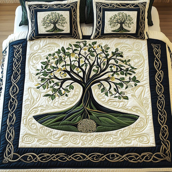 Celtic Essence quilted 3-piece bedding set on a made bed with two matching pillow shams