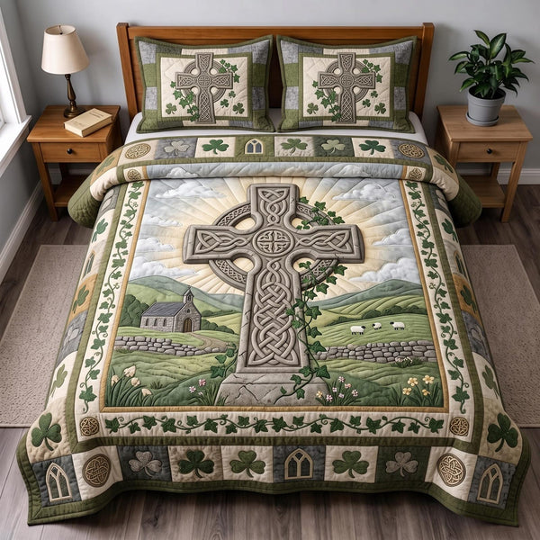 Celtic Faith quilted 3-piece bedding set on a made bed in a softly lit bedroom