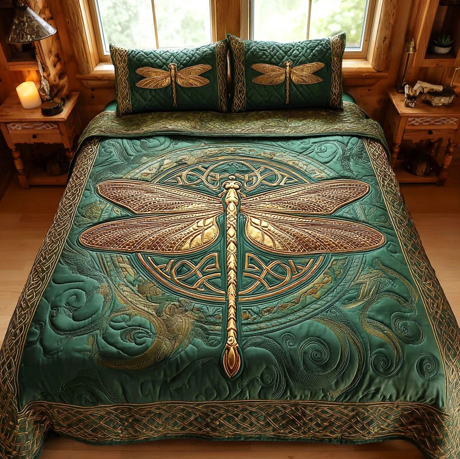 Celtic Glow quilted 3-piece bedding set on a made bed with two matching pillow shams