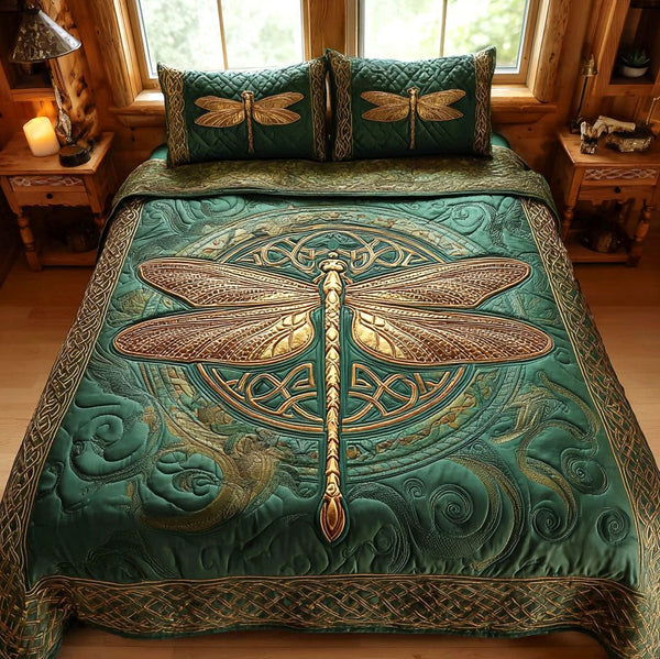 Celtic Glow quilted 3-piece bedding set on a made bed with two matching pillow shams
