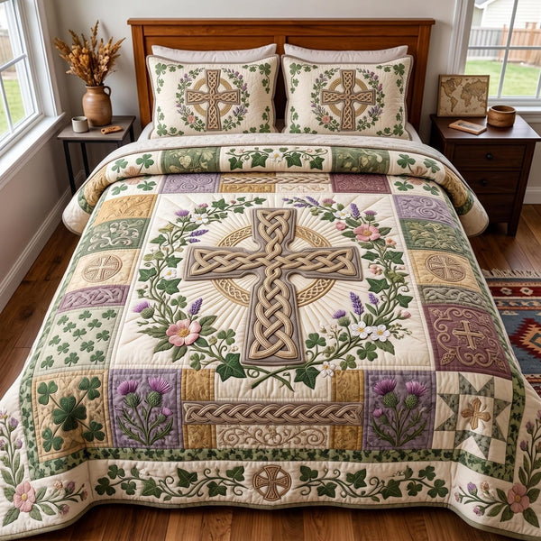 Celtic Grace quilted 3-piece bedding set on a made bed with two matching pillow shams