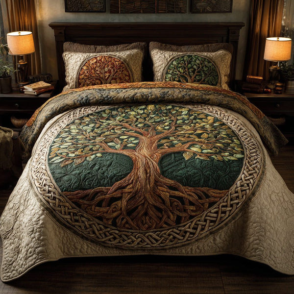 Celtic Hearth quilted 3-piece bedding set on a made bed with two matching pillow shams