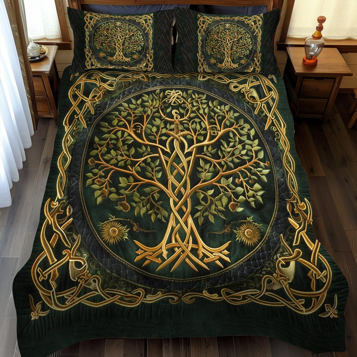 Celtic Heritage Tree of Life quilted 3-piece bedding set on a made bed in a farmhouse bedroom