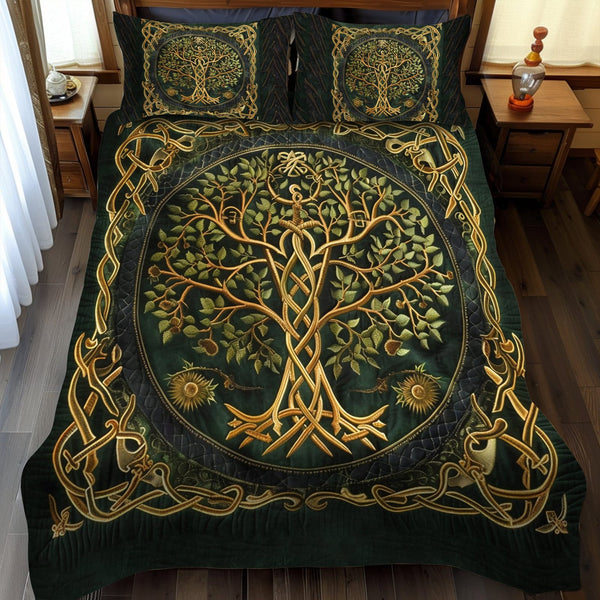Celtic Heritage Tree of Life quilted 3-piece bedding set on a made bed in a farmhouse bedroom