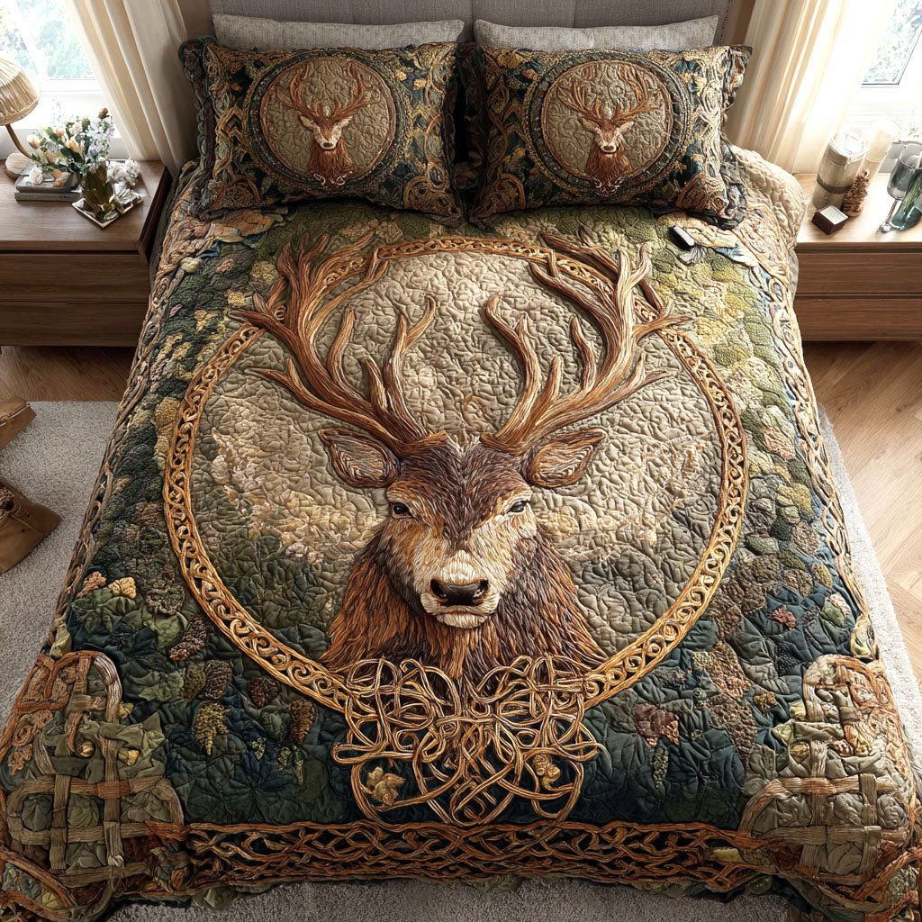 Celtic Majesty quilted 3-piece bedding set on a made bed with two matching pillow shams