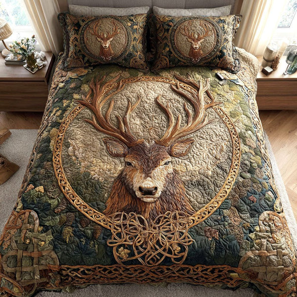 Celtic Majesty quilted 3-piece bedding set on a made bed with two matching pillow shams