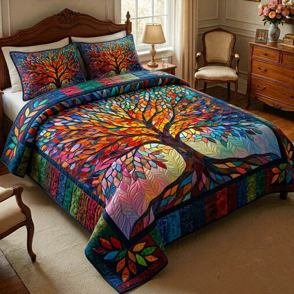 Celtic Roots quilted 3-piece bedding set on a made bed with two matching pillow shams
