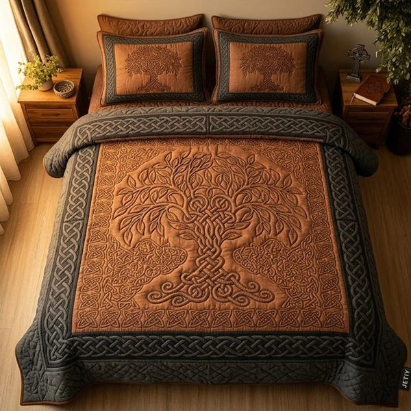 Celtic Roots quilted 3-piece bedding set on a made bed with two matching pillow shams