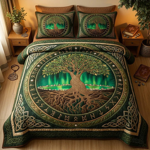 Celtic Roots quilted 3-piece bedding set on a made bed with two matching pillow shams