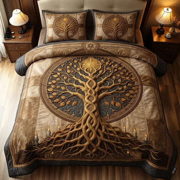 Celtic Roots quilted 3-piece bedding set on a made bed with two matching pillow shams
