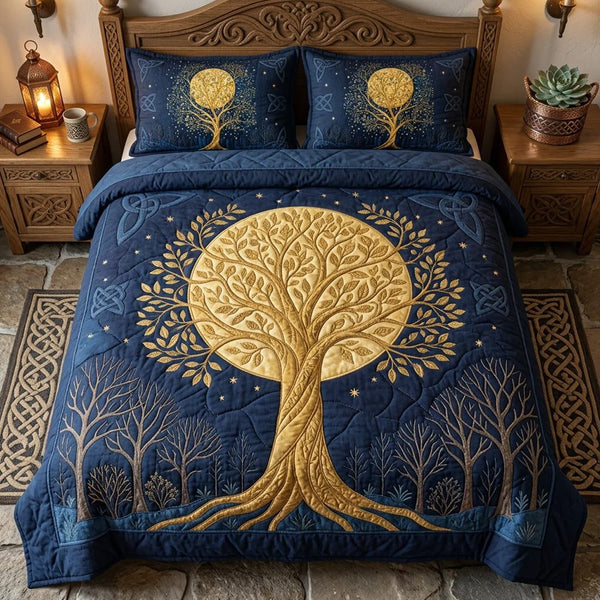 Celtic Roots quilted 3-piece bedding set on a made bed with two matching pillow shams